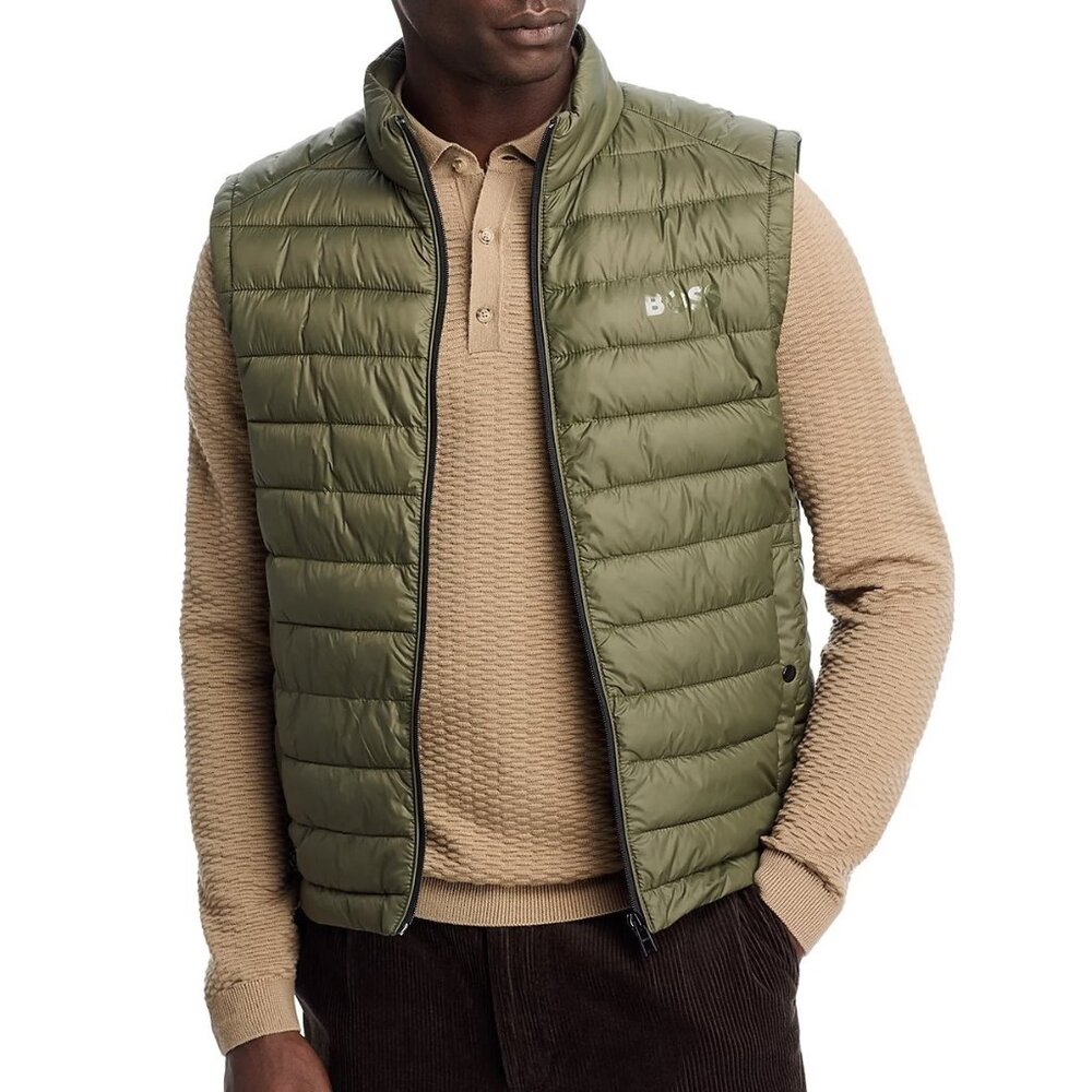 Hugo Boss Men's BOSS Calano Quilted Puffer Zip Up Vest Lightweight Pockets Green